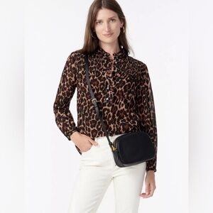NWT luxury J. Crew Smocked leopard/animal print crinkle chiffon popover top